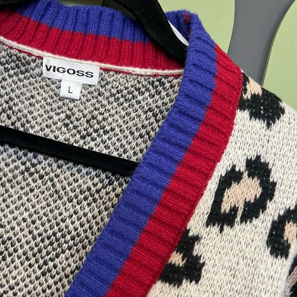 Vigoss Leopard Print Button Front Cardigan Red + Blue Trim Large - Picture 4 of 4